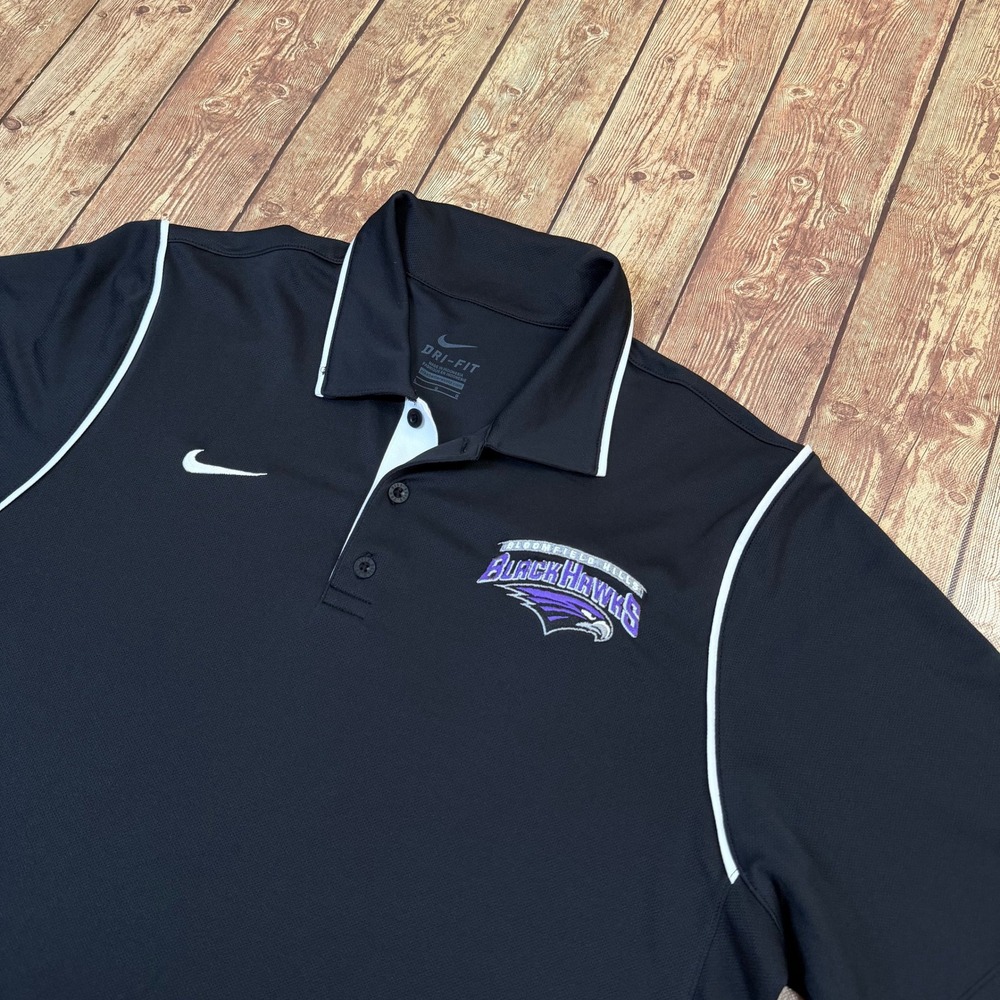 Nike Dri Fit Polo Shirt Mens Large Black Bloomfield Hills Blackhawks Logo